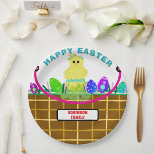 Easter Basket Yellow Blue Striped Chick Egg Paper Plate