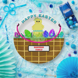 Easter Basket Yellow Blue Striped Chick Egg Paper Plate