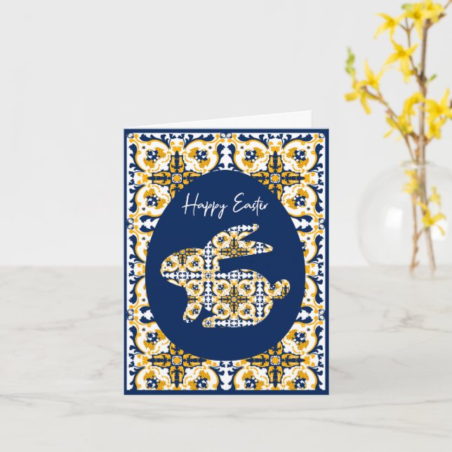 Easter🐇 💙💛 Beautiful blue and yellow Azulejos Card (Yellow Flower)