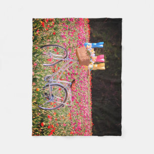 Easter Bicycle and Bunny Statues in Tulip Field Fleece Blanket