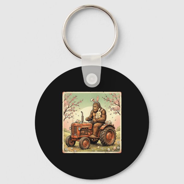 Easter bigfoot bunny tractor funny spring keychain (Front)