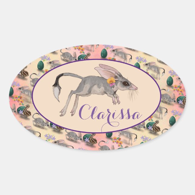 Easter Bilby & Australian Flowers Custom Name Oval Sticker (Front)
