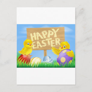 Easter birds and eggs with sign holiday postcard