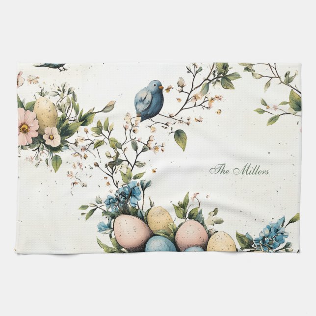 Easter Birds & Pastel Eggs Watercolor Floral Kitchen Towel (Horizontal)