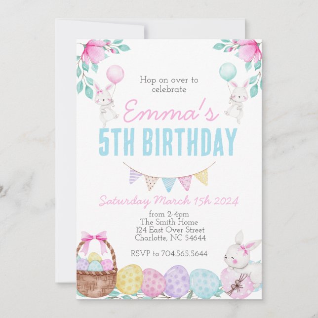 Easter birthday invitation, Bunny birthday Invitation (Front)