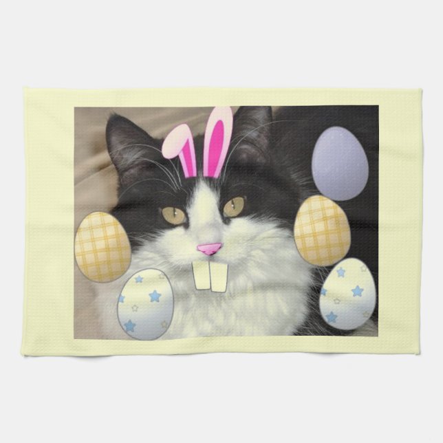 Easter Black and White Kitty Cat Kitchen Towel (Horizontal)