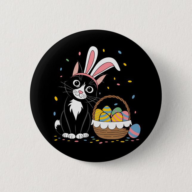 Easter Black Cat Tuxedo Rabbit Bunny Ears Eggs 2 Inch Round Button (Front)