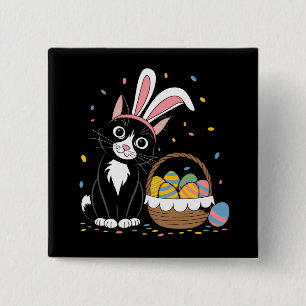 Easter Black Cat Tuxedo Rabbit Bunny Ears Eggs 2 Inch Square Button