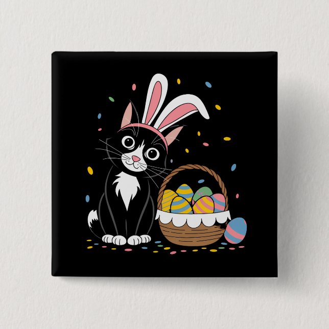 Easter Black Cat Tuxedo Rabbit Bunny Ears Eggs 2 Inch Square Button (Front)