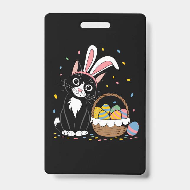 Easter Black Cat Tuxedo Rabbit Bunny Ears Eggs Badge (Front)
