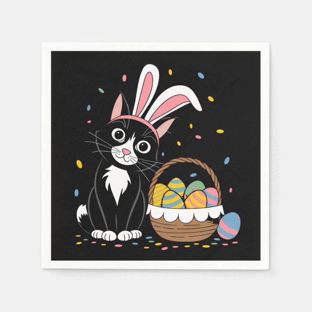 Easter Black Cat Tuxedo Rabbit Bunny Ears Eggs Napkin (Front)