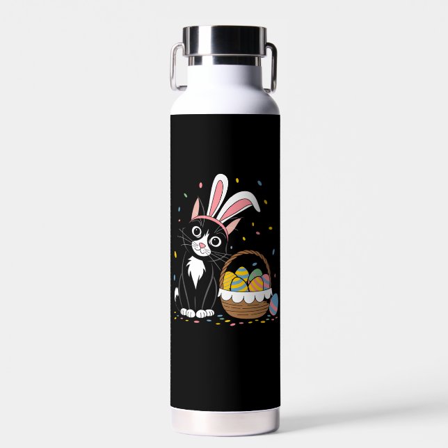 Easter Black Cat Tuxedo Rabbit Bunny Ears Eggs Water Bottle (Front)