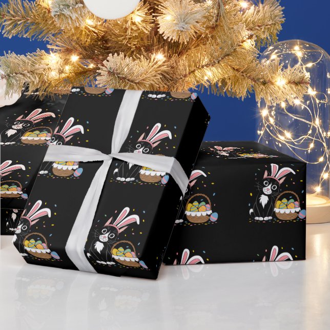Easter Black Cat Tuxedo Rabbit Bunny Ears Eggs Wrapping Paper (Holidays)