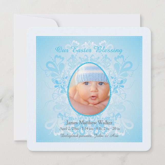 Easter Blessing Blue Photo Birth Announcement (Front)