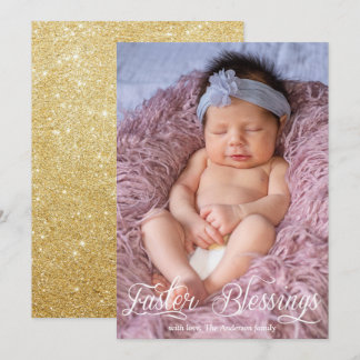 Easter Blessings Baby Family Gold Glitter Photo Holiday Card