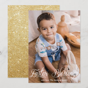 Easter Blessings Baby Family Gold Glitter Photo Holiday Card