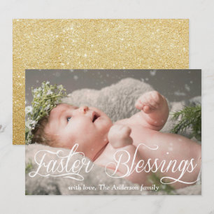 Easter Blessings Baby Family Gold Glitter Photo Holiday Card