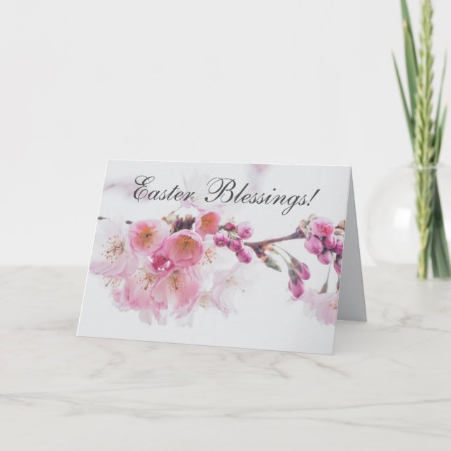 Easter Blessings Bible Verse Pink Cherry Blossoms Holiday Card (Front)
