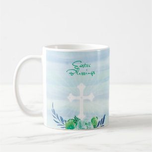 Easter Blessings Blue, Green, Flowers with Cross Coffee Mug