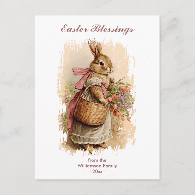 Easter Blessings Brown Vintage Bunny Personalized Holiday Postcard (Front)