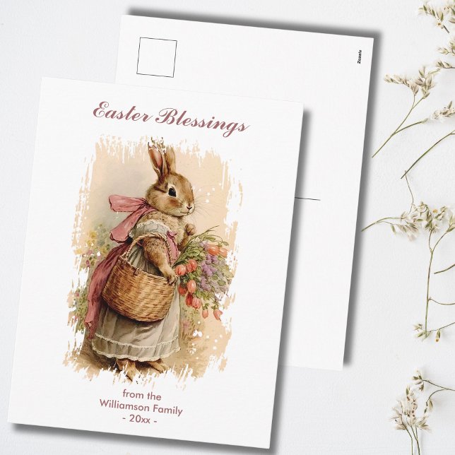 Easter Blessings Brown Vintage Bunny Personalized Holiday Postcard (Add family name and year to personalize.)