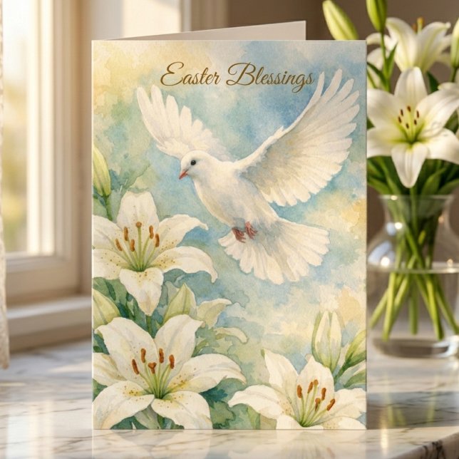 Easter Blessings Christian Dove & Lily Watercolor Card (Creator Uploaded)