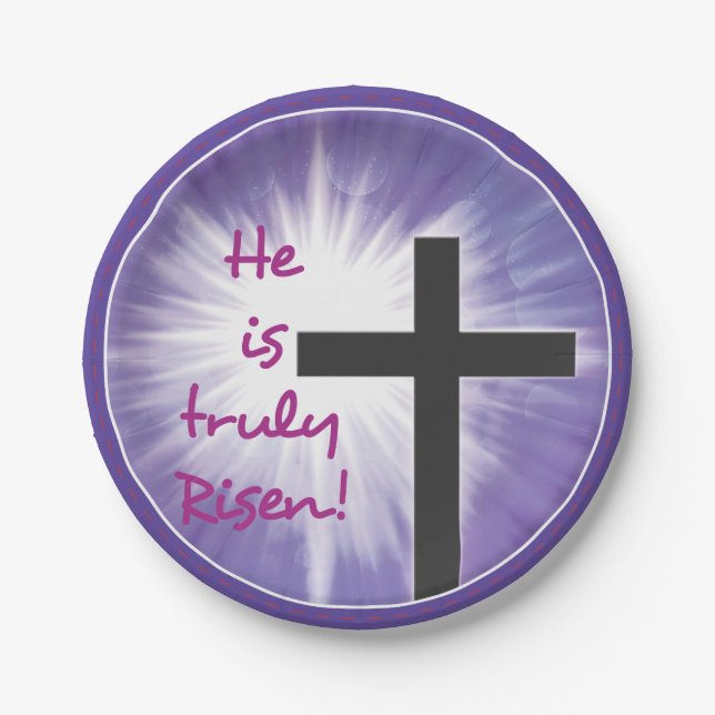 Easter Blessings Cross Starburst on Purple, Risen Paper Plate (Front)