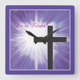 Easter Blessings Cross Starburst on Purple, Risen Square Wall Clock