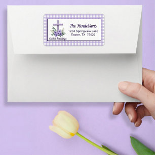 Easter Blessings Cross with Flowers Purple Gingham Label