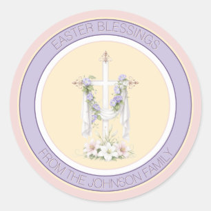 Easter Blessings Cross with Lilies  Classic Round Sticker