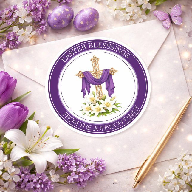 Easter Blessings Cross with Lilies  Classic Round Sticker (Creator Uploaded)