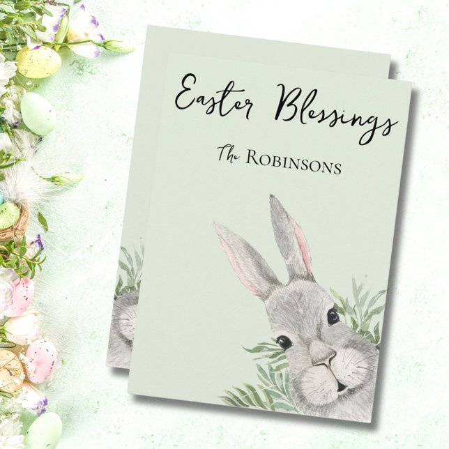 Easter Blessings Curious Grey Bunny Green Card (Creator Uploaded)