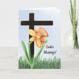 Easter Blessings Daffodil Over Cross Card