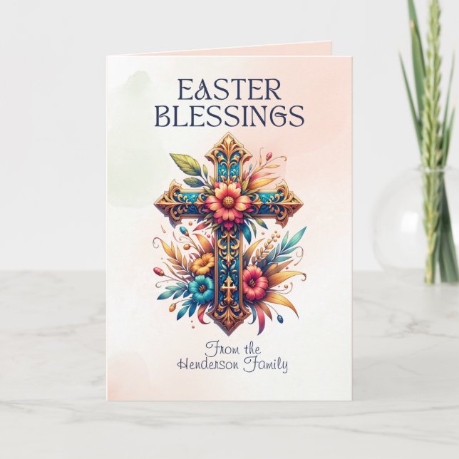 Easter Blessings Floral Cross Christian Easter  Card (Front)