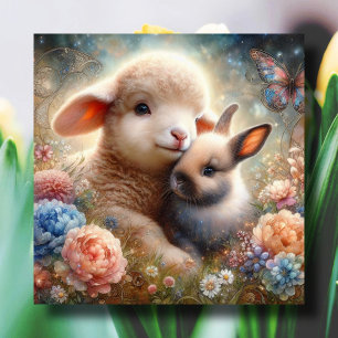 Easter Blessings Lamb and Bunny Christian Easter  Holiday Card