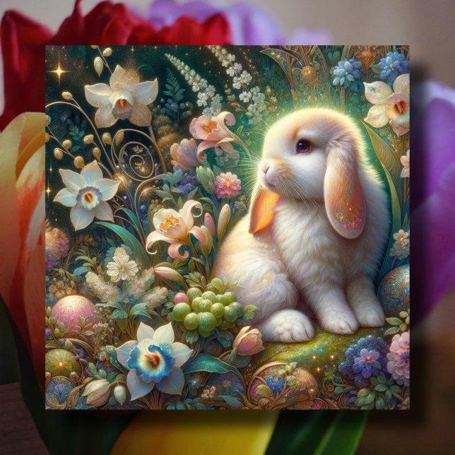 Easter Blessings Lop Eared Bunny Columbine Flowers Holiday Card (Creator Uploaded)