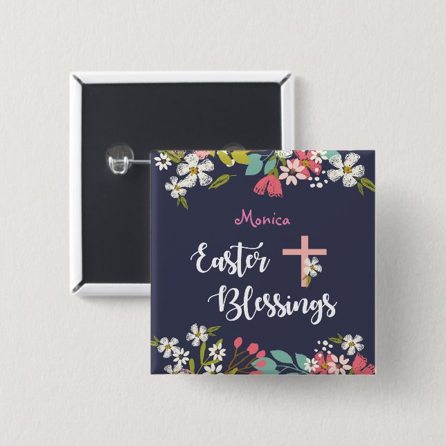 Easter Blessings of Risen Christ Flowers 2 Inch Square Button (Front & Back)