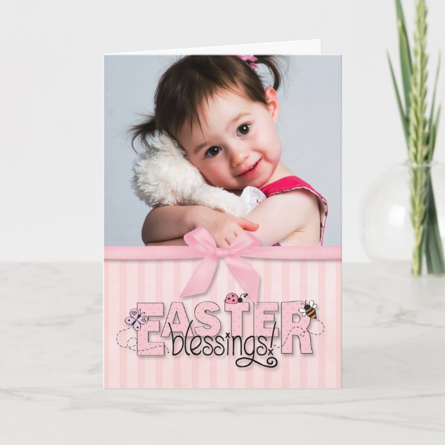 Easter Blessings, pink stripes & bow custom photo Holiday Card (Front)