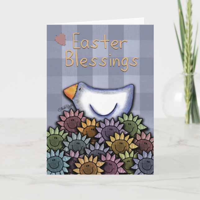 Easter Blessings-Primitive Chicken and Daisies Holiday Card (Front)