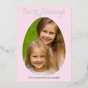 Easter Blessings Simple Photo Elegant Pink Foil Holiday Card