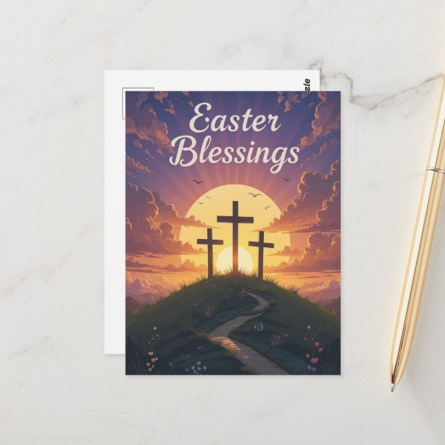 Easter Blessings Three Crosses Purple Sunset  Postcard (Front/Back In Situ)