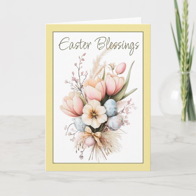 Easter Blessings Tulip Bouquet Yellow Folded Holiday Card (Front)
