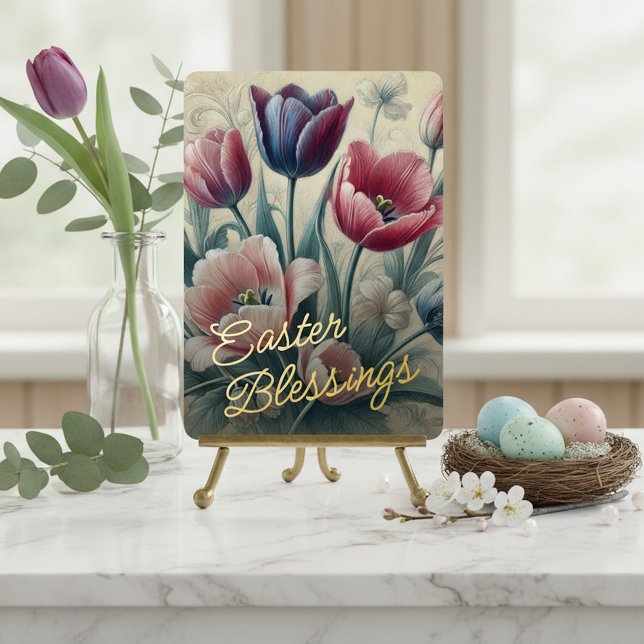Easter Blessings Tulips Floral Gold Foil Card (Creator Uploaded)