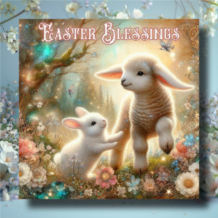 Easter Blessings Vintage Bunny and Lamb Floral Holiday Card