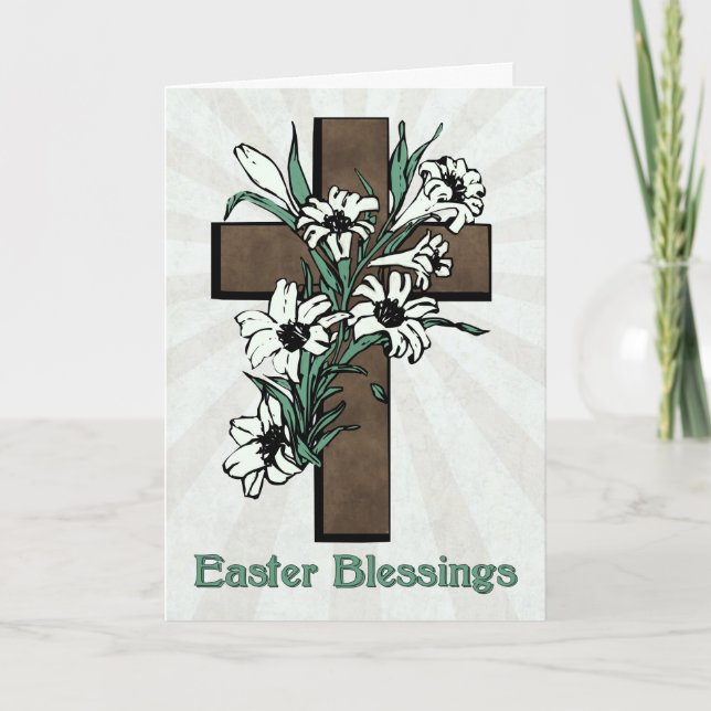 Easter Blessings w/ Cross and Lilies with Sunburst Holiday Card (Front)