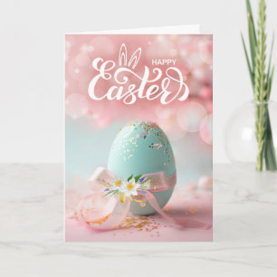 Easter Blue Easter Egg with Ribbon and Daffodils Holiday Card
