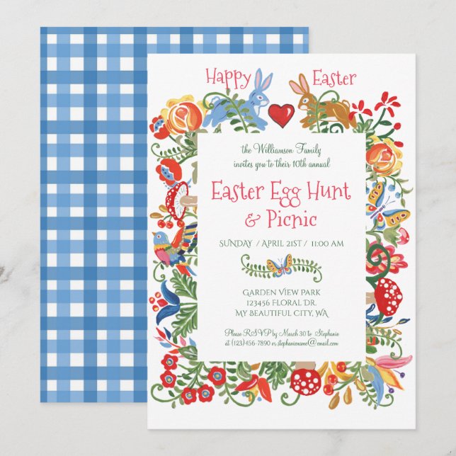 Easter Blue Folk Art Bunny Rabbit Gingham Egg Hunt Invitation (Front/Back)