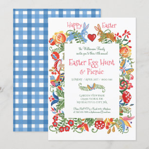 Easter Blue Folk Art Bunny Rabbit Gingham Egg Hunt Invitation
