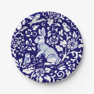 Easter  Blue White Rabbit Standing Bunny Delft Paper Plate