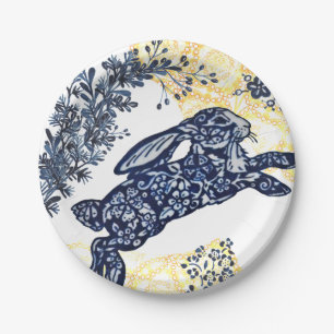 Easter Blue White Yellow Rabbit Asian Chinoiserie Paper Plate